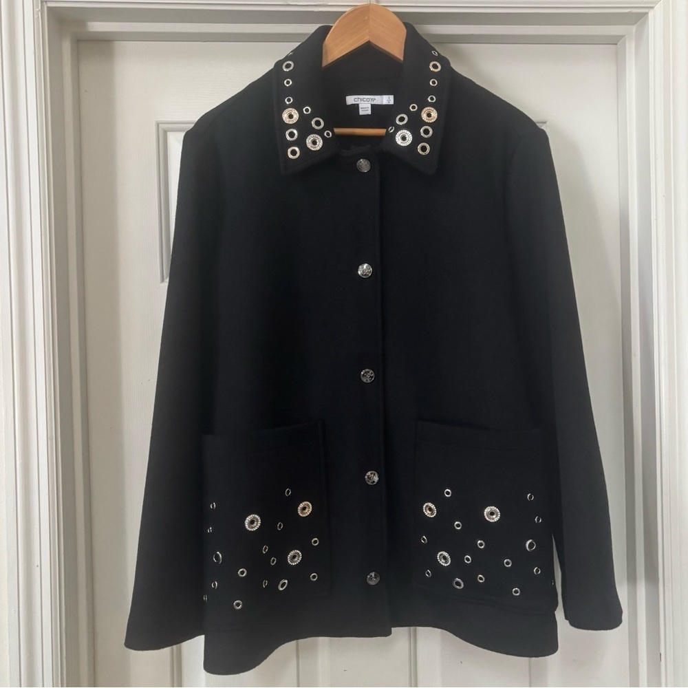 Chico’s Black Silver & Gold Embellished Wool Blend Car Coat Jacket Size 3 US 16 - Picture 2 of 16